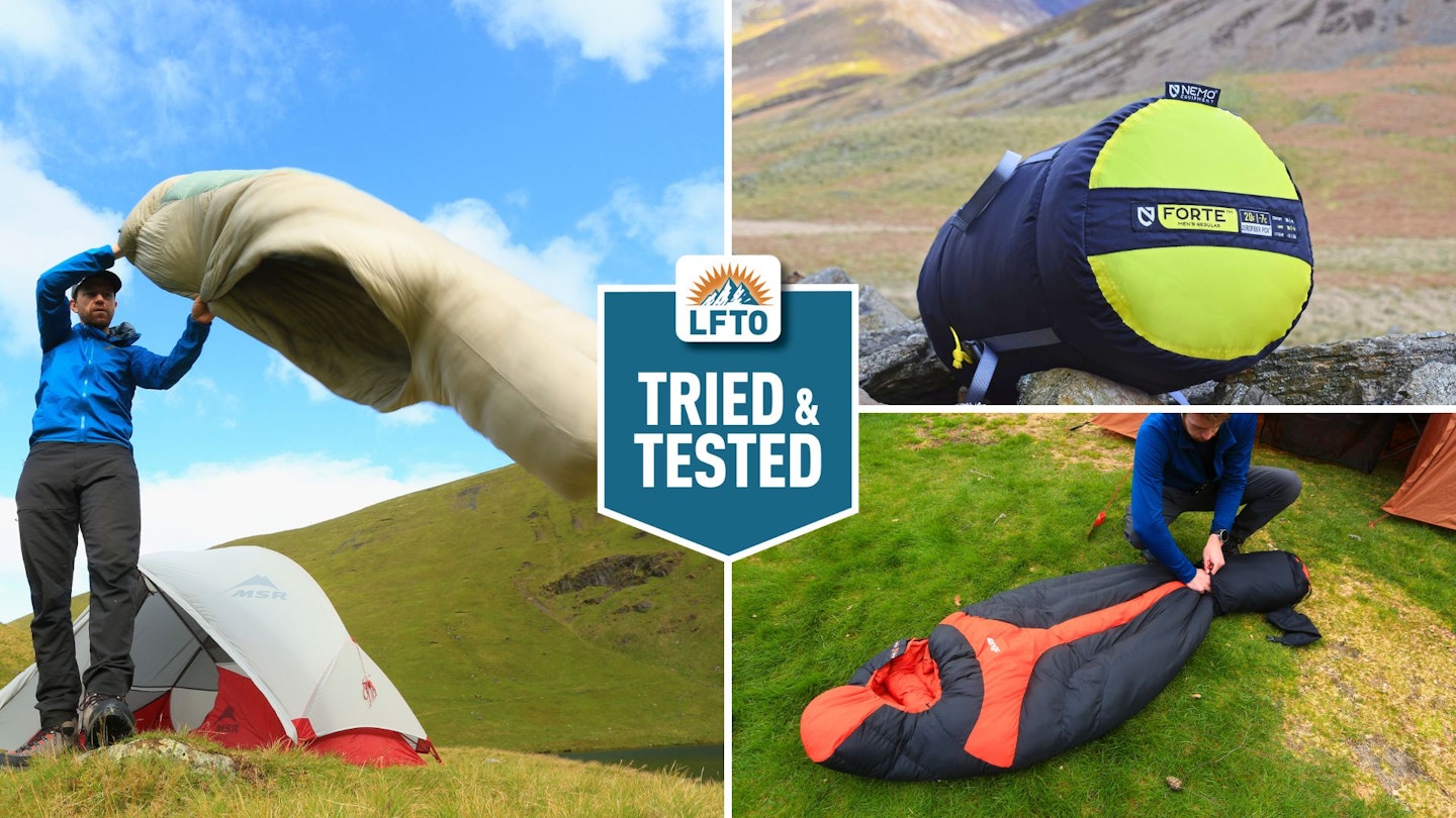 Pictures of differnt 3-season sleeping bags being tested by LFTO