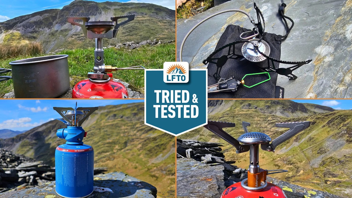 Photos of backpacking stoves with LFTO 'Tried and Tested' logo
