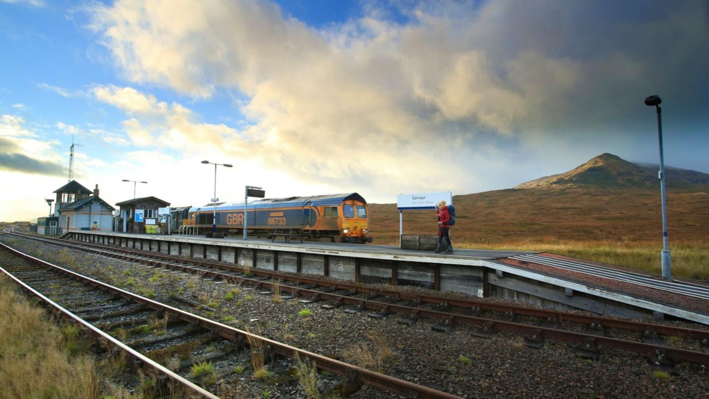 Corrour Station in the distance Leum Uilleim Sleeper train Scotland Rannoch Moor