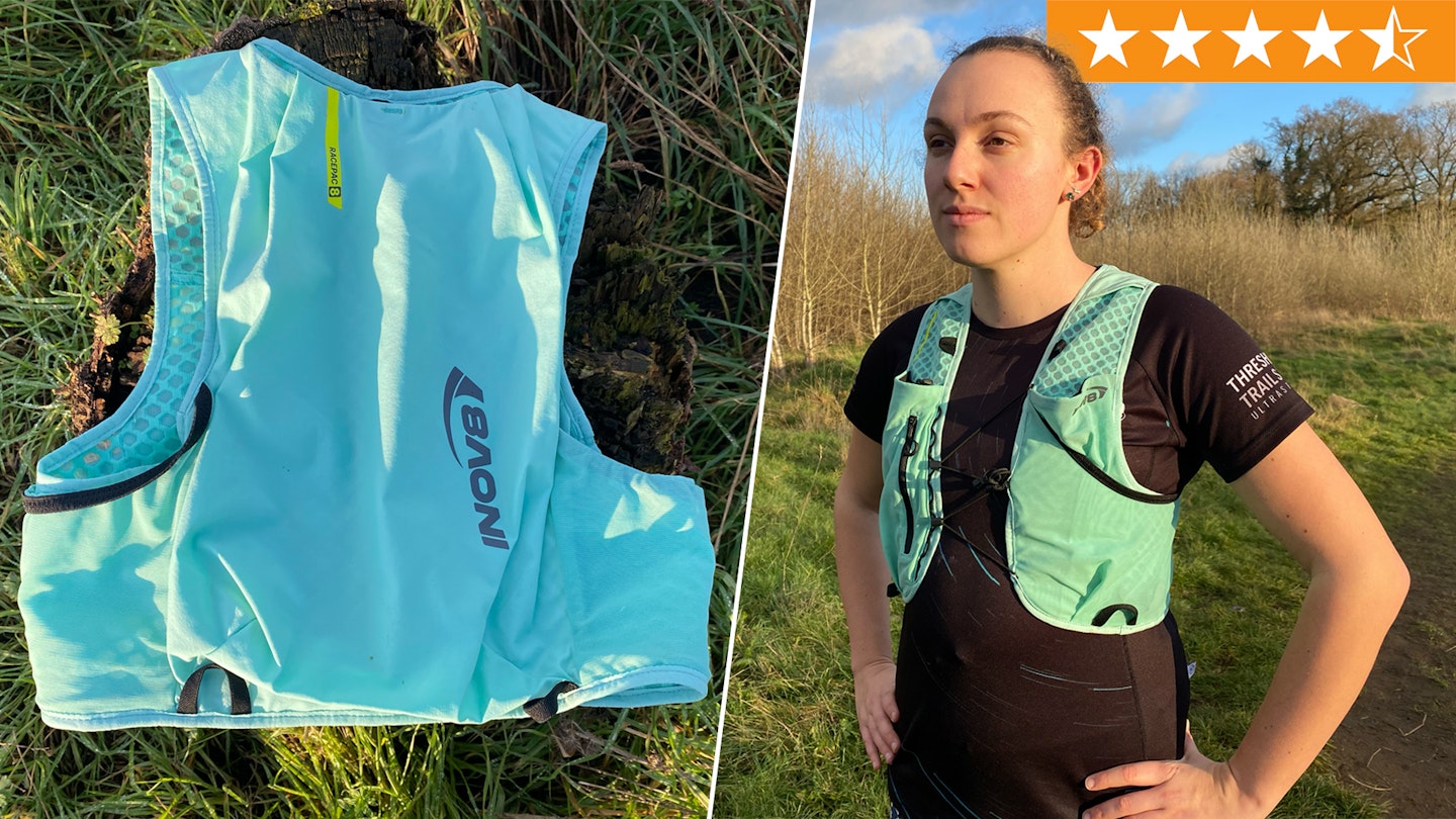 LFTO gear tester Holly Giles wearing the Inov8 Racepac 8 running vest with star ratings