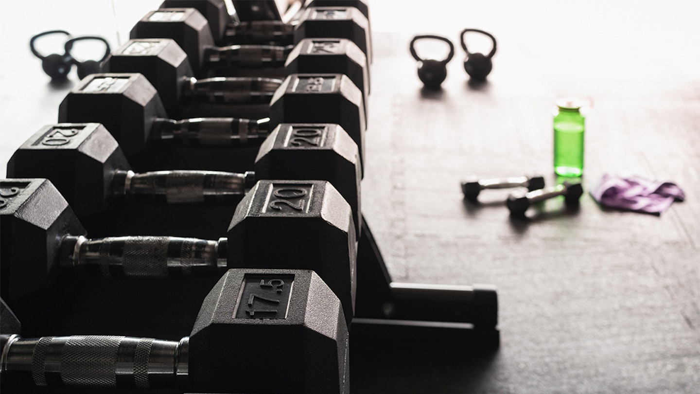 row of dumbells