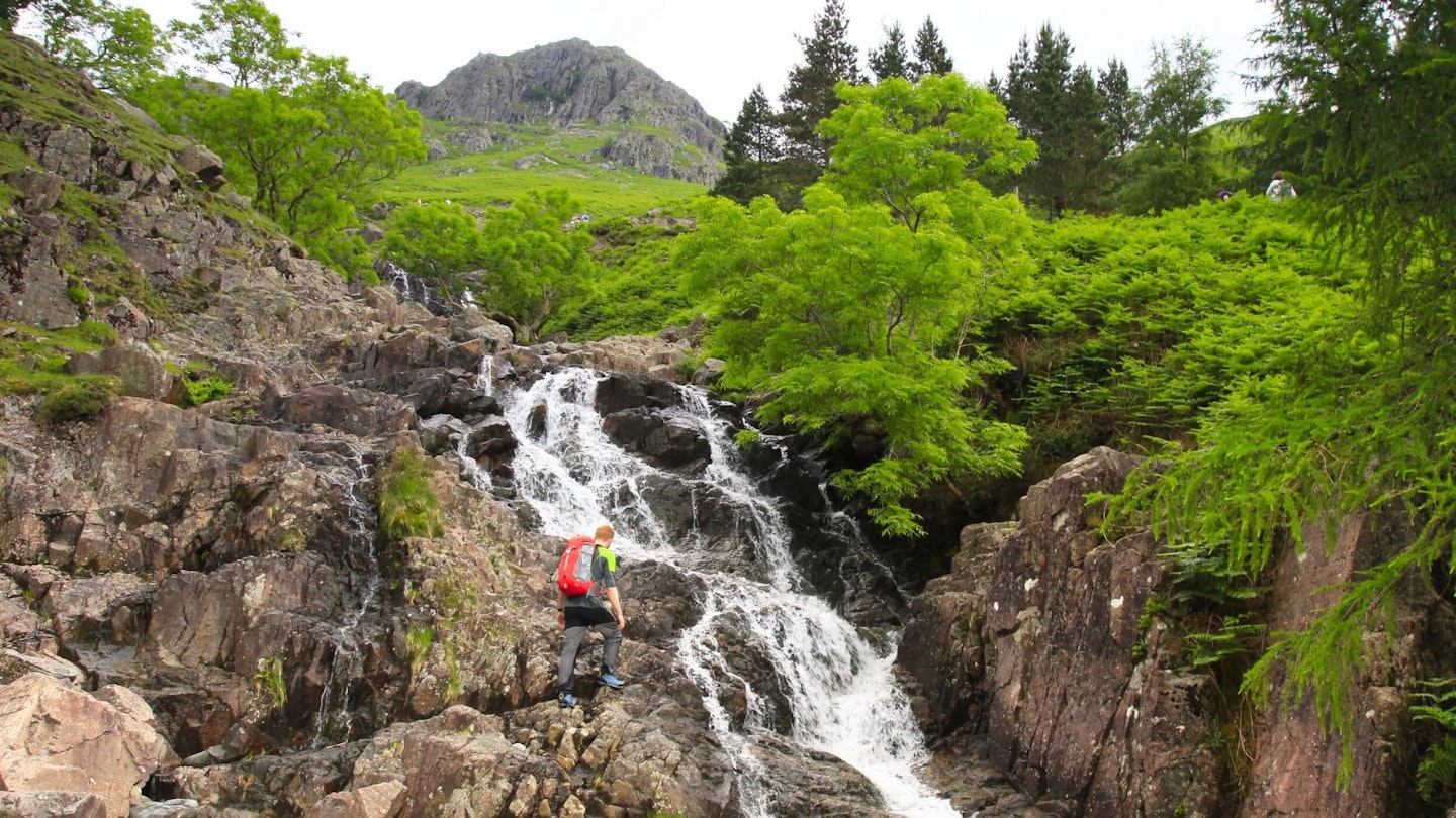 Stickle Ghyll Scramble Langdale Lake District wiht Langdale Pikes above